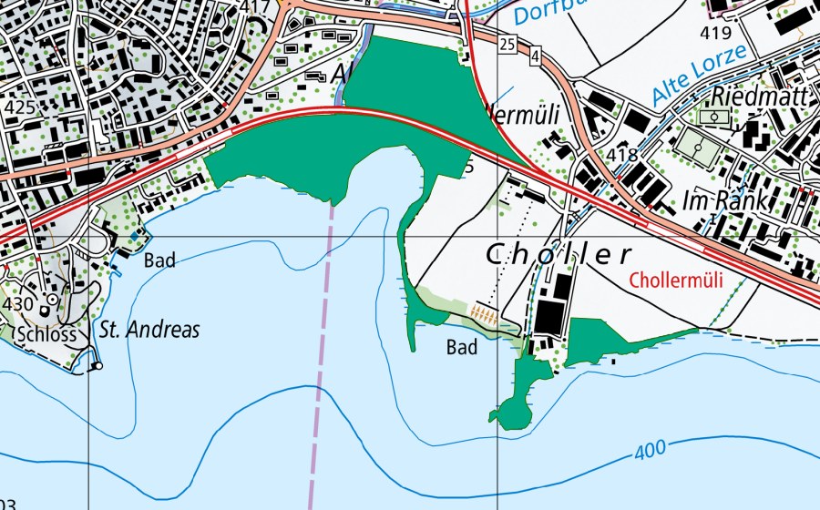 swisstopo national map showing the protected perimeter of Choller/Sumpf (Fen)