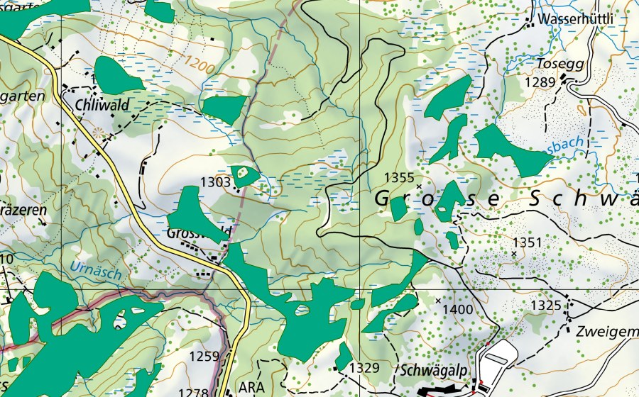 swisstopo national map showing the protected perimeter of Cholwald Schwägalp (Fen)