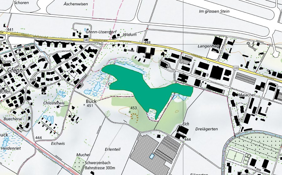 swisstopo national map showing the protected perimeter of Chrutzelried (Fen)