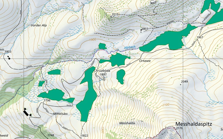 Carte nationale swisstopo avec le périmètre protégé de Chrüzböden (Alp Ortasee) (Bas-marais)