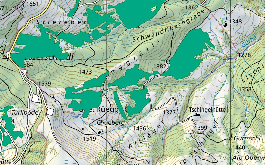 Carta nazionale swisstopo con il perimetro protetto di Chueberg/Schwändli (Torbiera bassa)