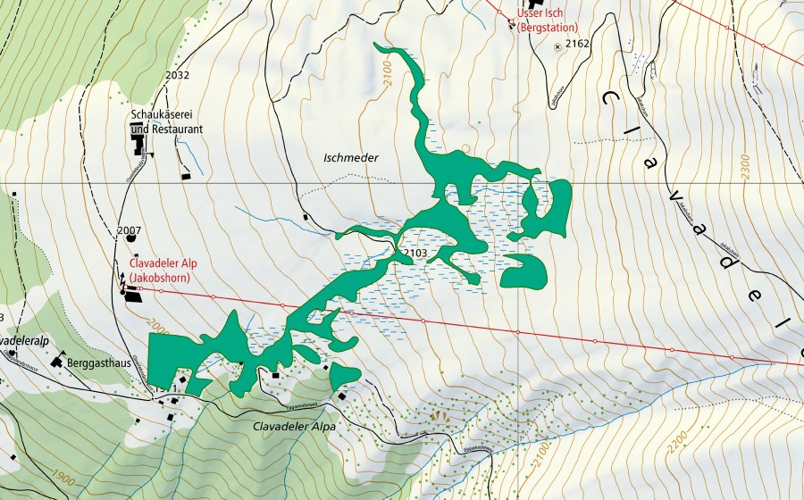 Landeskarte swisstopo mit dem Schutzperimeter von Clavadeler Berg (Flachmoor)