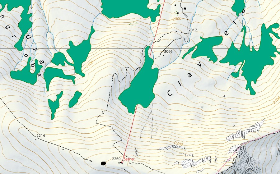 Carte nationale swisstopo avec le périmètre protégé de Claveiera (Bas-marais)