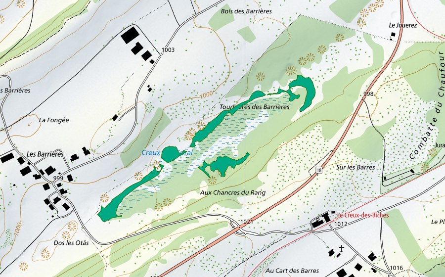 Landeskarte swisstopo mit dem Schutzperimeter von Creux de l'Epral (Flachmoor)
