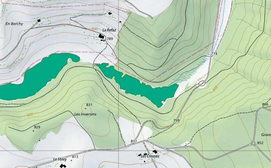 swisstopo national map showing the protected perimeter of Cua Boussan (Fen)