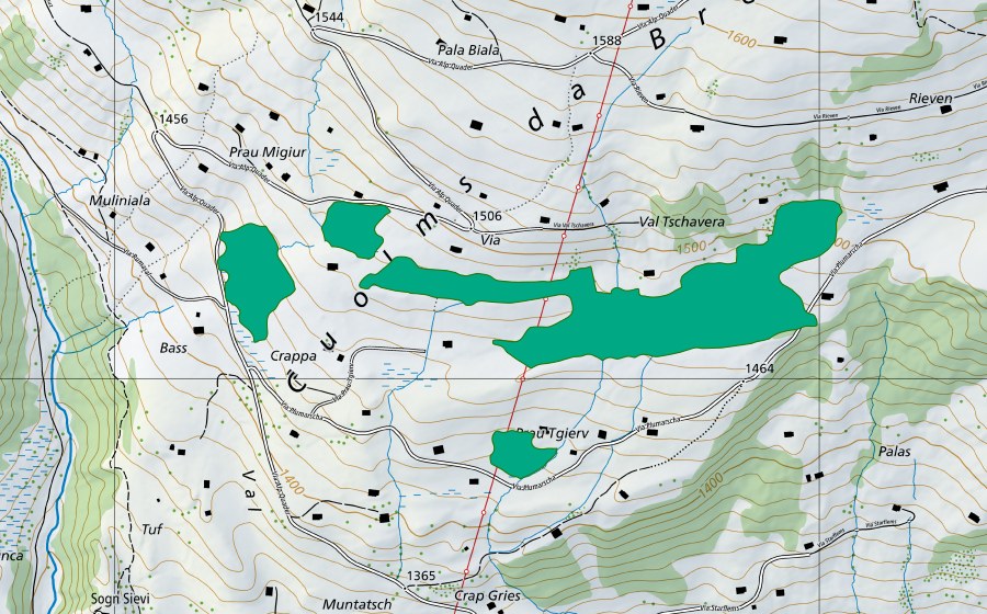 Landeskarte swisstopo mit dem Schutzperimeter von Cuolms da Breil (Flachmoor)