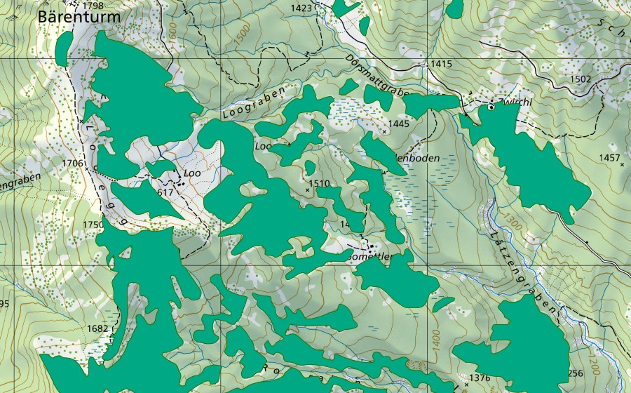Carte nationale swisstopo avec le périmètre protégé de Dälenboden (Bas-marais)