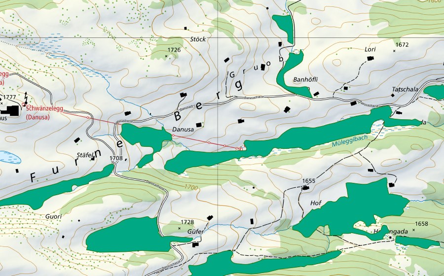 Carte nationale swisstopo avec le périmètre protégé de Danusa (Bas-marais)