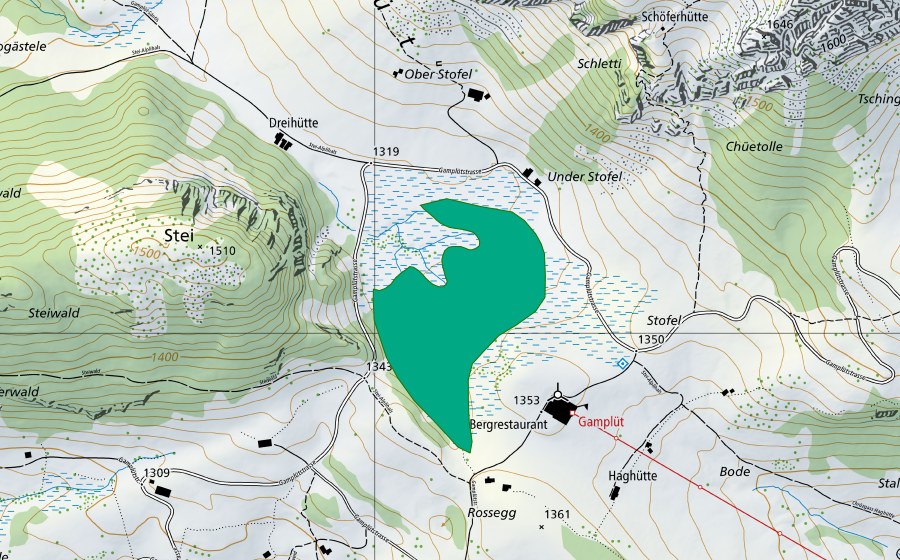 Carte nationale swisstopo avec le périmètre protégé de Dreihütten/Gamplüt (Bas-marais)