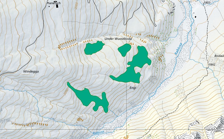 Carte nationale swisstopo avec le périmètre protégé de Engi (Bas-marais)