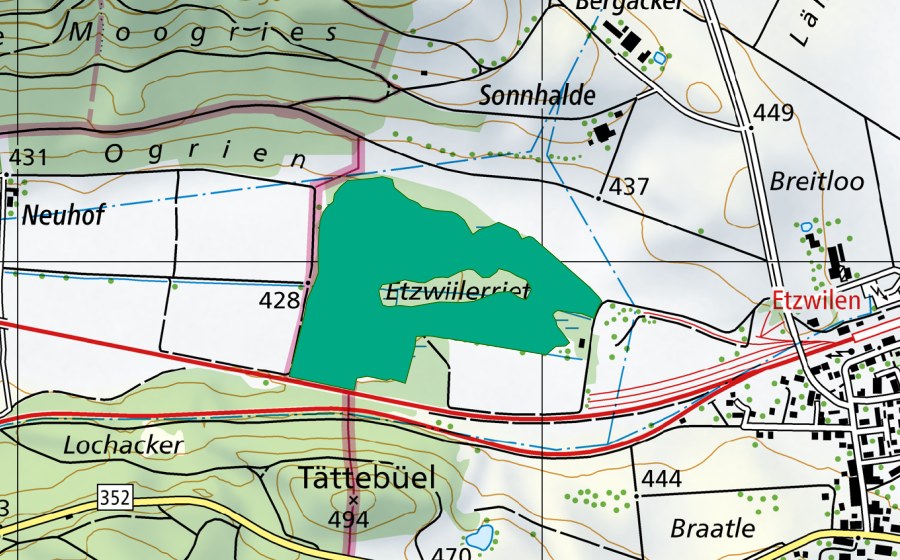 swisstopo national map showing the protected perimeter of Etzwiler Riet (Fen)
