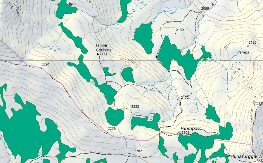 swisstopo national map showing the protected perimeter of Faniner Galtihütte (Fen)