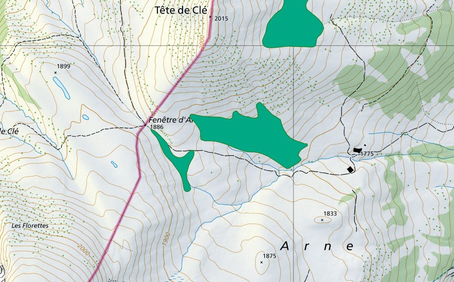 swisstopo national map showing the protected perimeter of Fenêtre d'Arnon (Fen)
