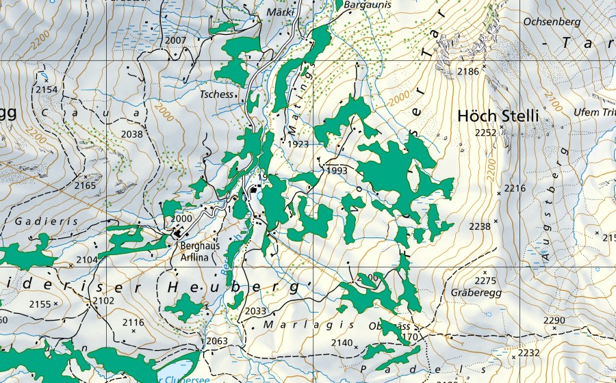Carte nationale swisstopo avec le périmètre protégé de Fideriser Heuberge (Bas-marais)