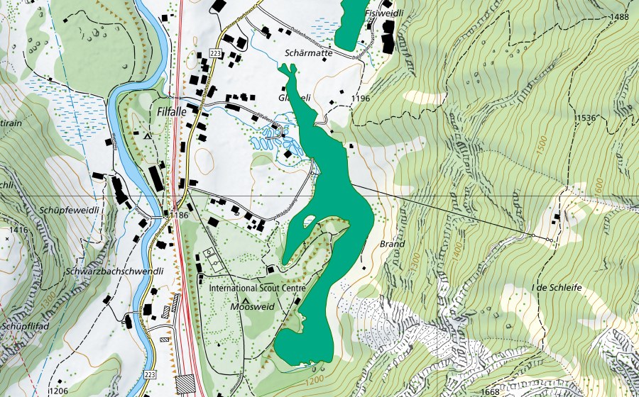 Carte nationale swisstopo avec le périmètre protégé de Filfalle (Bas-marais)
