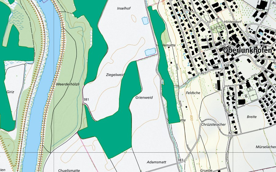 Landeskarte swisstopo mit dem Schutzperimeter von Friedgraben/Hangried Oberlunkhofen (Flachmoor)