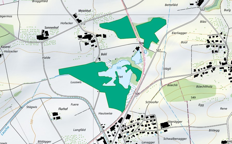 Landeskarte swisstopo mit dem Schutzperimeter von Friltschener Riet/Märwiler Riet (Flachmoor)