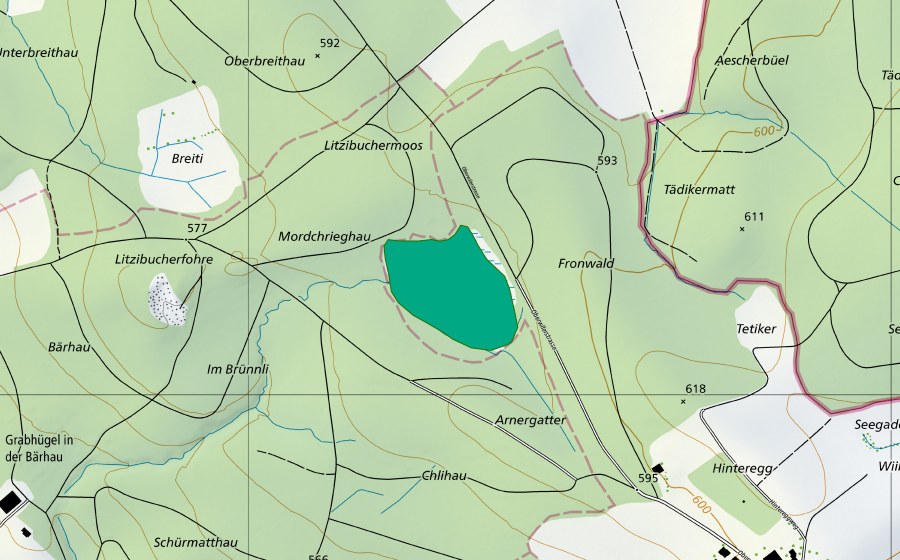 Carte nationale swisstopo avec le périmètre protégé de Fronwald (Bas-marais)
