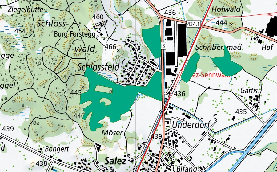 swisstopo national map showing the protected perimeter of Galgenmad/Schribersmad (Fen)