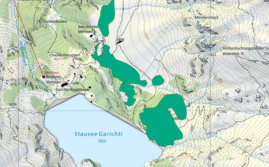 Carta nazionale swisstopo con il perimetro protetto di Garichti (Torbiera bassa)