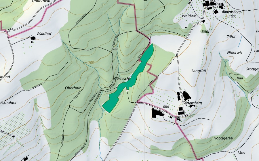 swisstopo national map showing the protected perimeter of Gärtensberg/Oberholz (Fen)