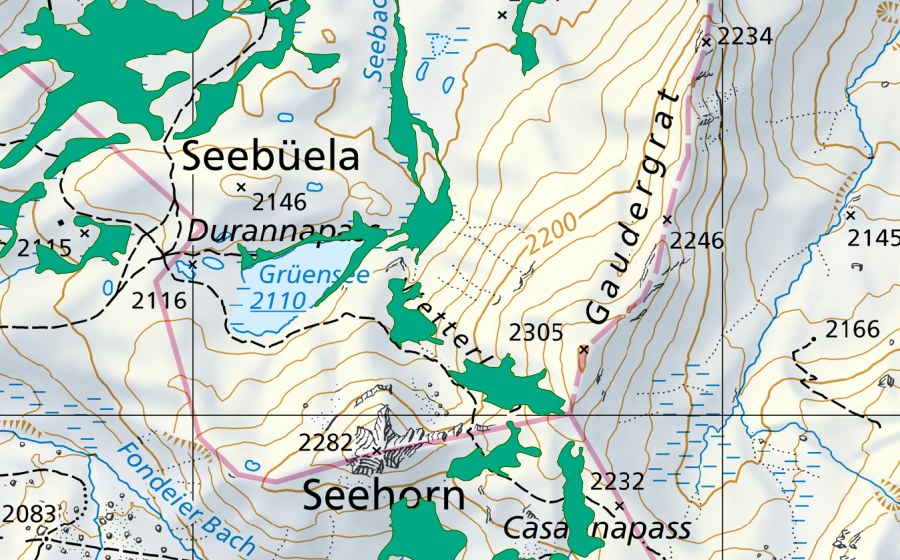 swisstopo national map showing the protected perimeter of Gauderböden (Fen)