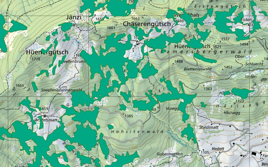 swisstopo national map showing the protected perimeter of Gerenstock (Fen)