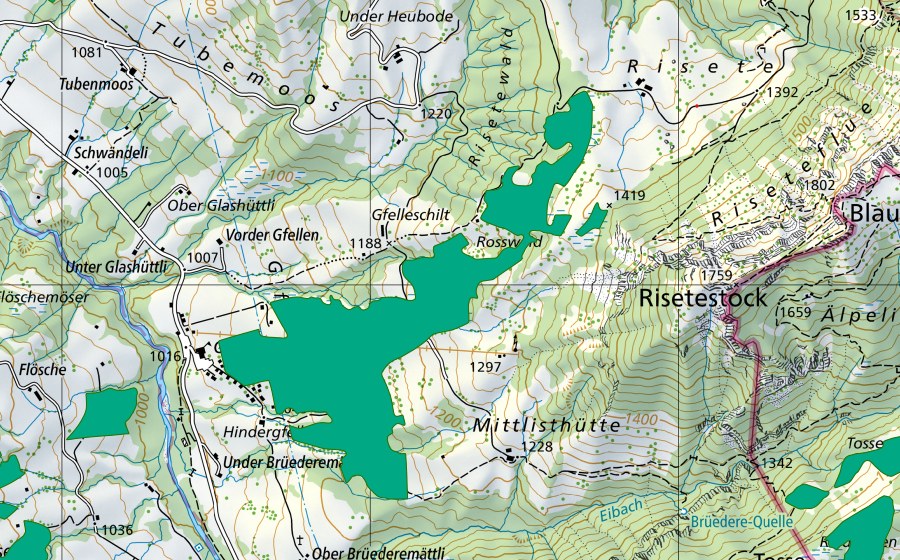 swisstopo national map showing the protected perimeter of Gfellen/Rossweid (Fen)