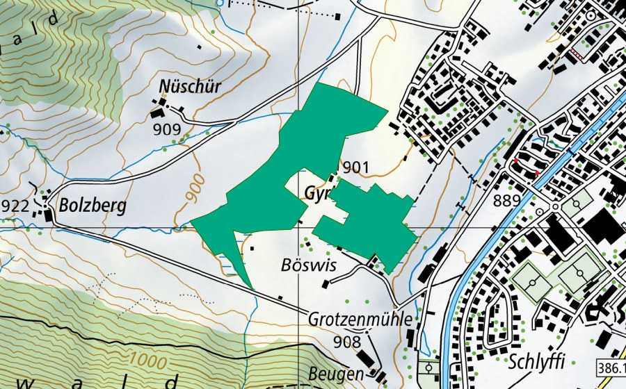 Carte nationale swisstopo avec le périmètre protégé de Giritz (Bas-marais)