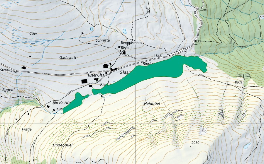 Landeskarte swisstopo mit dem Schutzperimeter von Glaspass (Flachmoor)