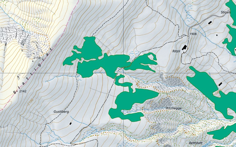 Carte nationale swisstopo avec le périmètre protégé de Gletti (Bas-marais)