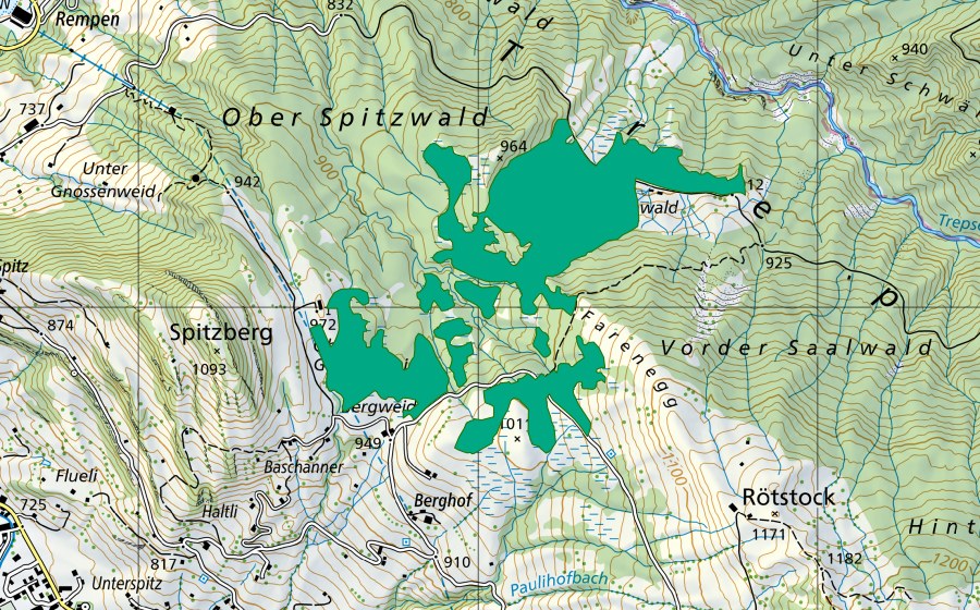 swisstopo national map showing the protected perimeter of Gnossenweid/Mutzenwald (Fen)