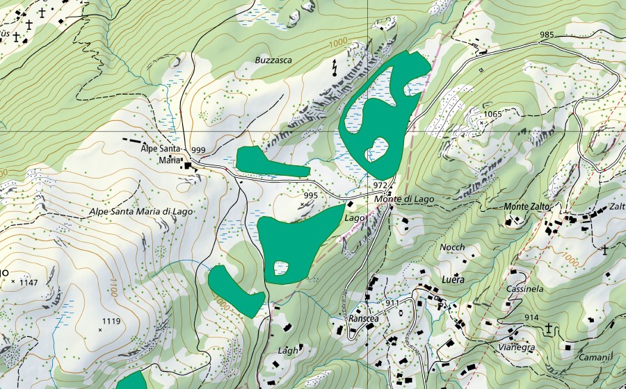 Landeskarte swisstopo mit dem Schutzperimeter von Gola di Lago (Flachmoor)