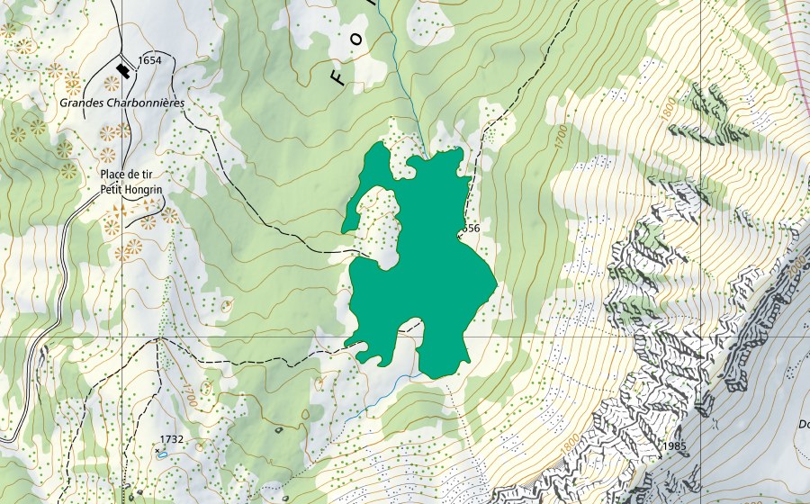 swisstopo national map showing the protected perimeter of Grandes Charbonnières (Fen)