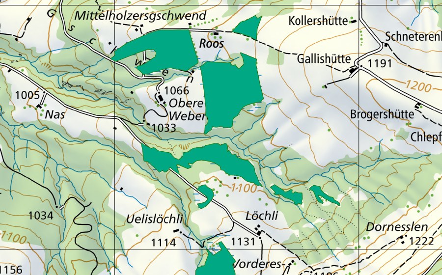 Carte nationale swisstopo avec le périmètre protégé de Gschwend (Bas-marais)