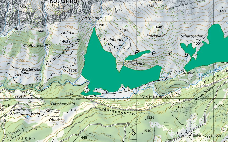 Landeskarte swisstopo mit dem Schutzperimeter von Guetentalboden (Flachmoor)