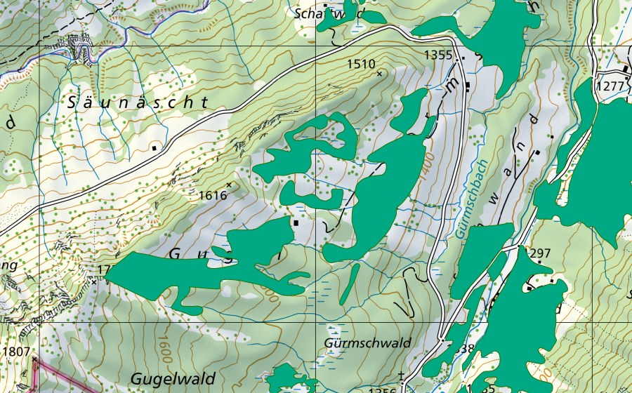 swisstopo national map showing the protected perimeter of Gugel (Fen)