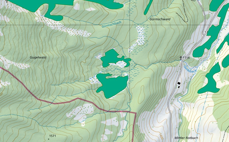 Landeskarte swisstopo mit dem Schutzperimeter von Gürmschwald/Gugelwald (Flachmoor)