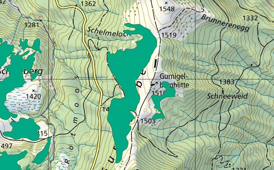 Carte nationale swisstopo avec le périmètre protégé de Gurnigelberg (Bas-marais)