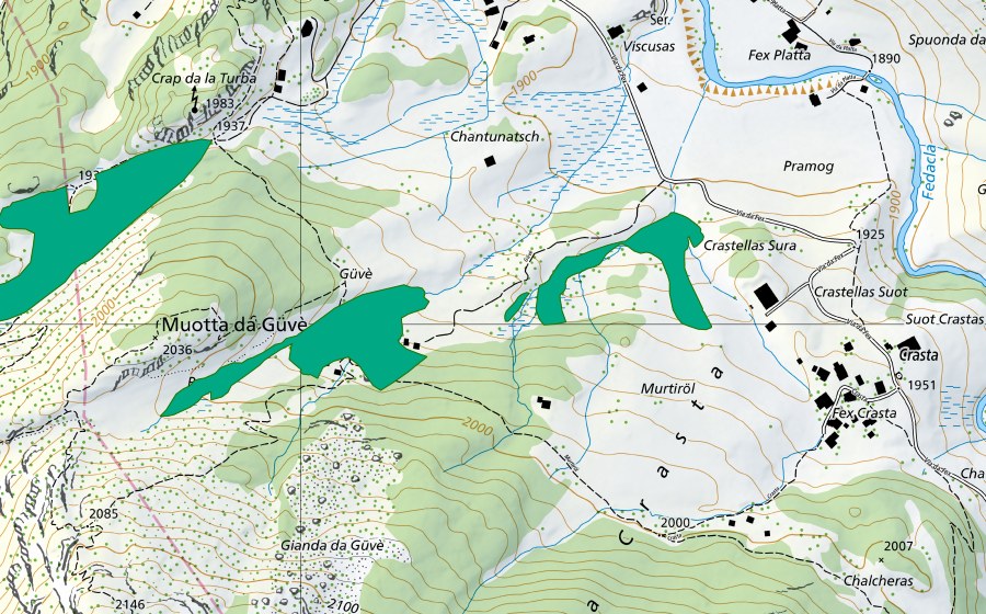Carte nationale swisstopo avec le périmètre protégé de Güvè/Crasta (Bas-marais)