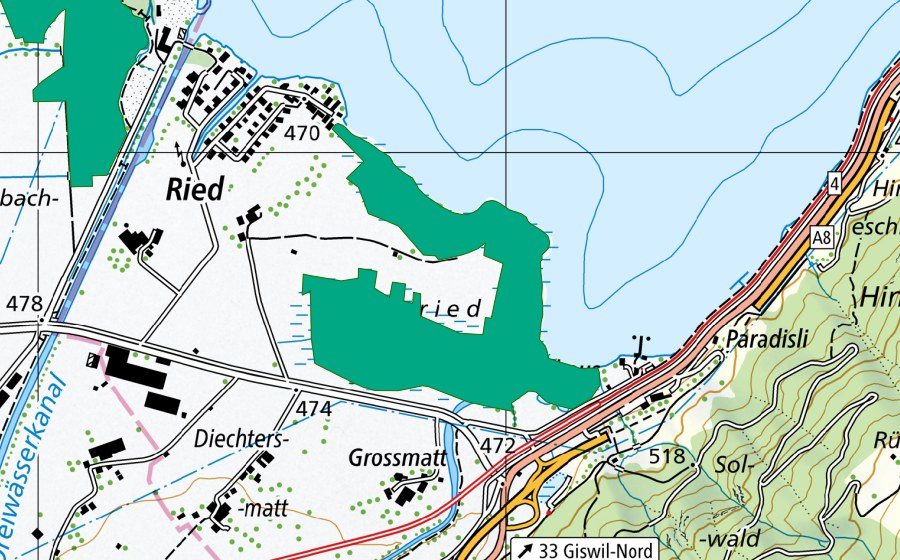 Carte nationale swisstopo avec le périmètre protégé de Hanenried (Bas-marais)