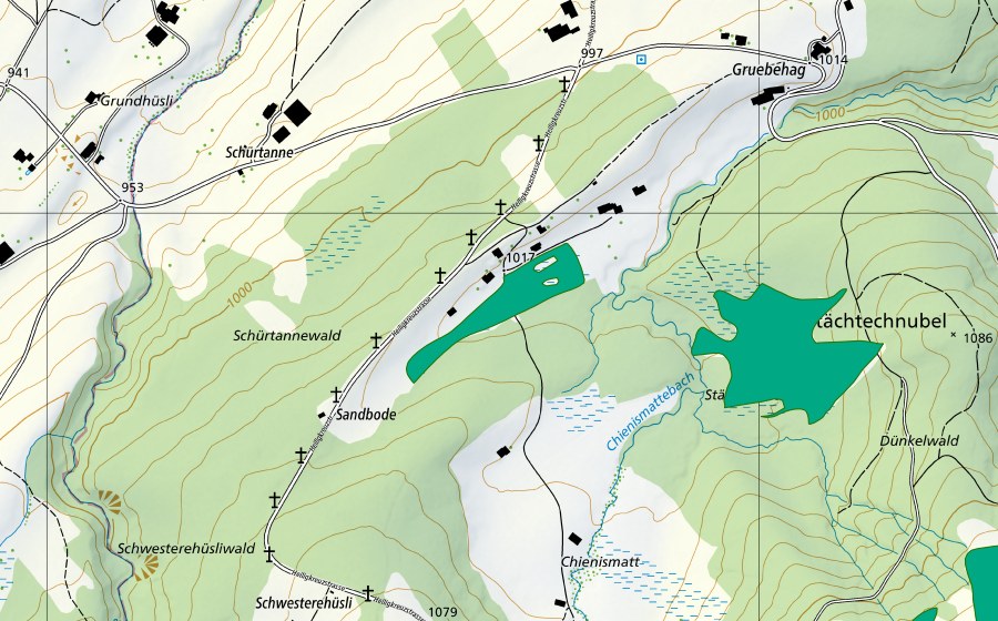 swisstopo national map showing the protected perimeter of Hindersandboden/Stächtenmösli (Fen)