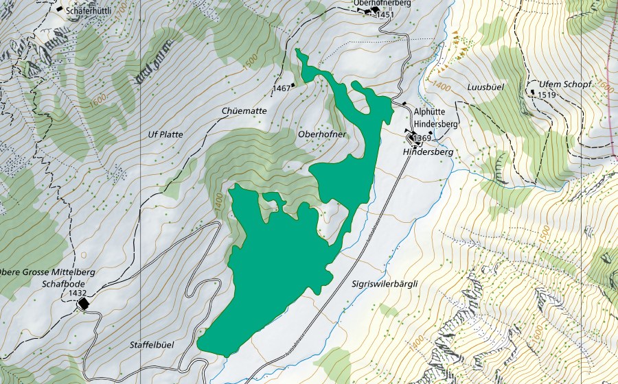 Carta nazionale swisstopo con il perimetro protetto di Hindersberg (Torbiera bassa)
