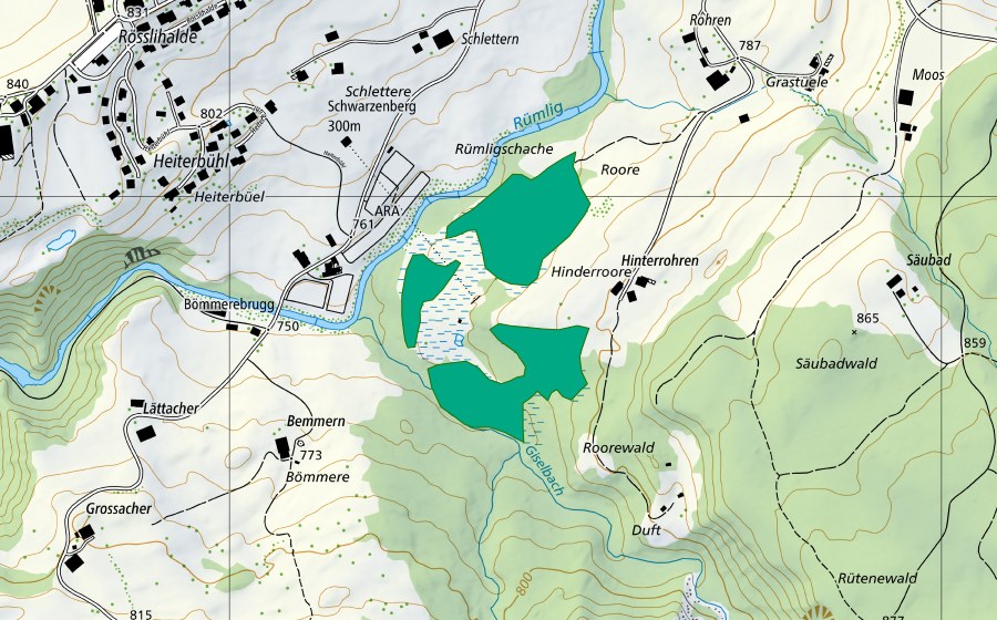 Carte nationale swisstopo avec le périmètre protégé de Hinter Rohren (Bas-marais)