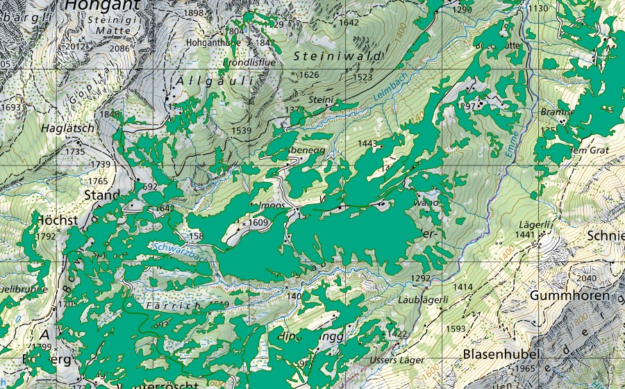 swisstopo national map showing the protected perimeter of Hintere und Vordere Nollen (Fen)