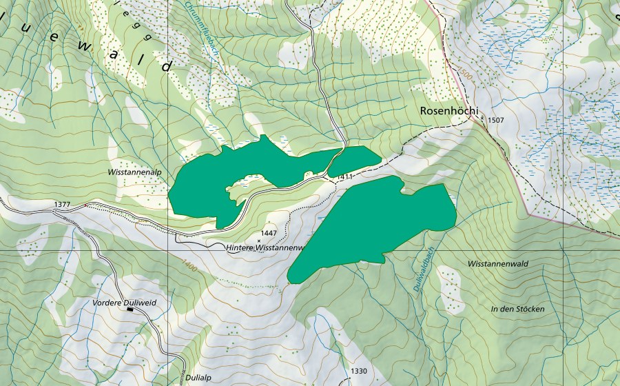 Carte nationale swisstopo avec le périmètre protégé de Hintere Wisstannenweid (Bas-marais)