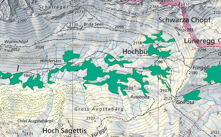 Carte nationale swisstopo avec le périmètre protégé de Hintersäss (Bas-marais)