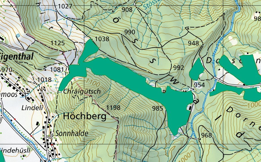 swisstopo national map showing the protected perimeter of Hinterschild (Fen)