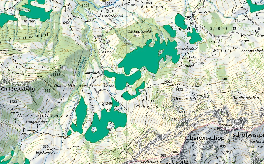 swisstopo national map showing the protected perimeter of Hinterschluchen (Fen)