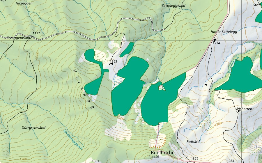 Carte nationale swisstopo avec le périmètre protégé de Hirzegg (Bas-marais)